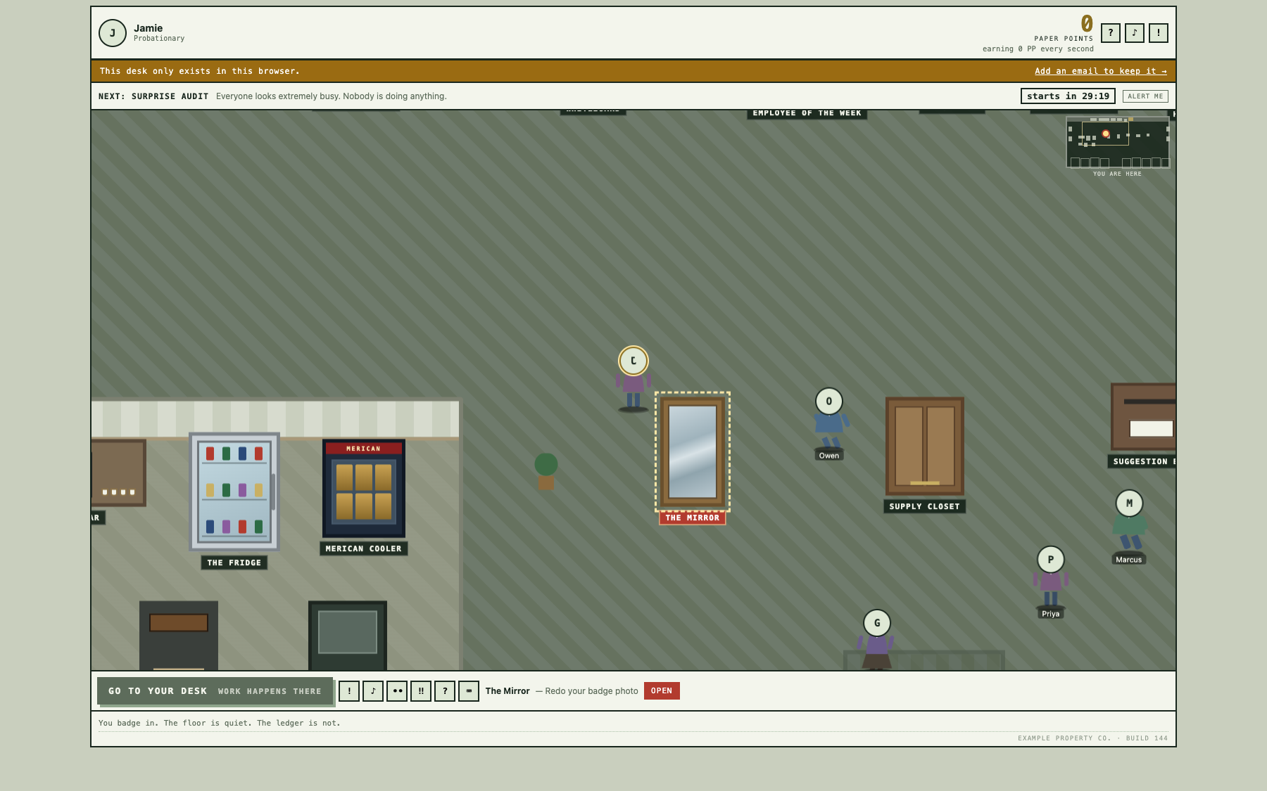 Idle Hands: the office floor with co-workers walking between the fridge, the mirror and the supply closet.