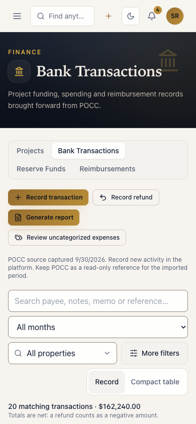 The same Bank Transactions page on a phone, stacked in one column.