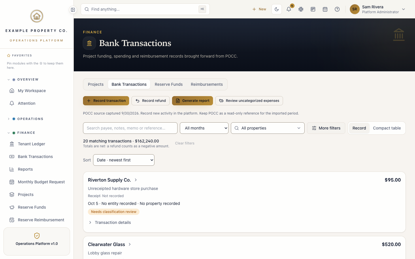 Bank Transactions: the ledger header with count and total, filters by type, property and month, and classified transaction records.