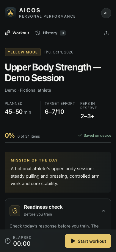 Today's session before starting: title, target effort, reps in reserve, progress and the readiness check.